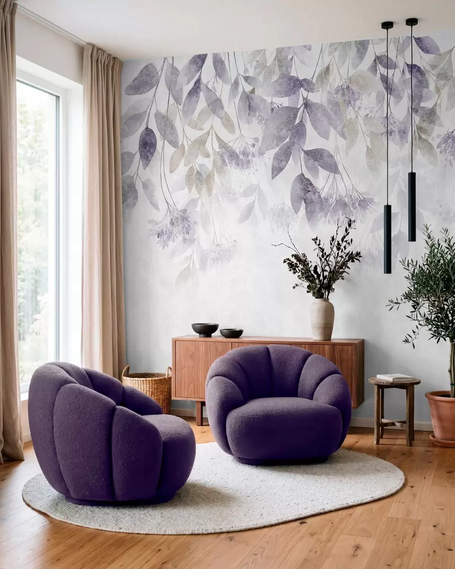 Fotobehang bladeren met een structuur die in golven hangen, met bloemen in paarse en beige tinten w05565v3