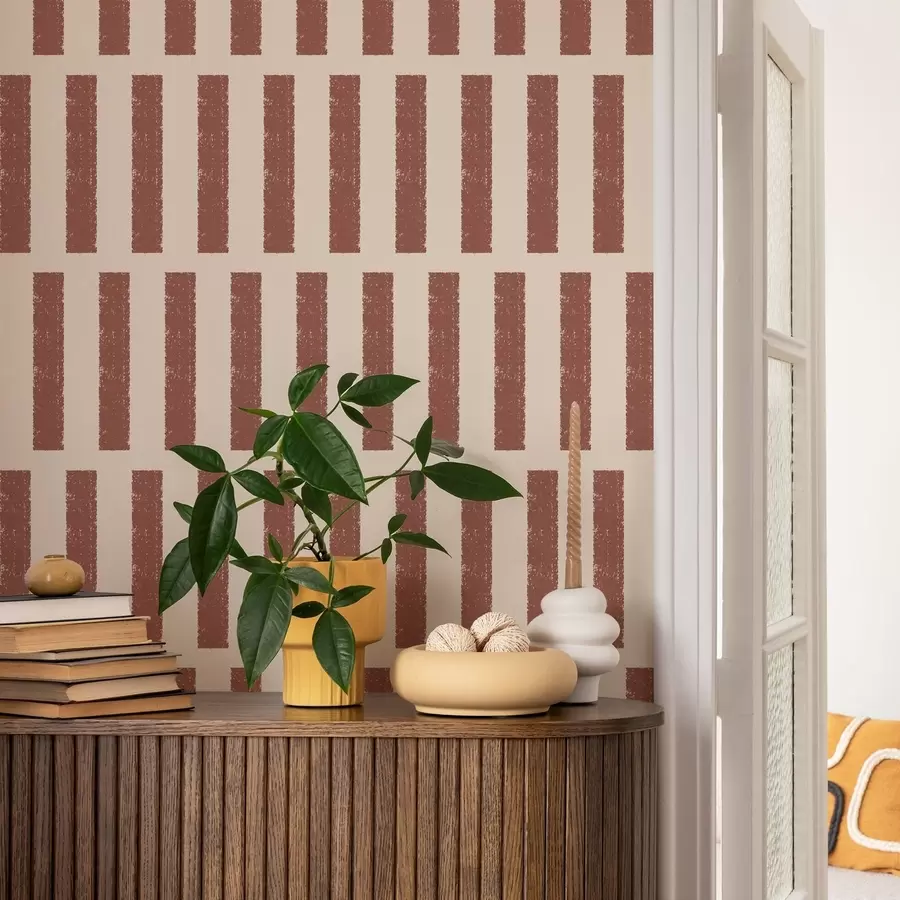 Fotobehang Verticale terracottastrepen op een lichte achtergrond a01189v1