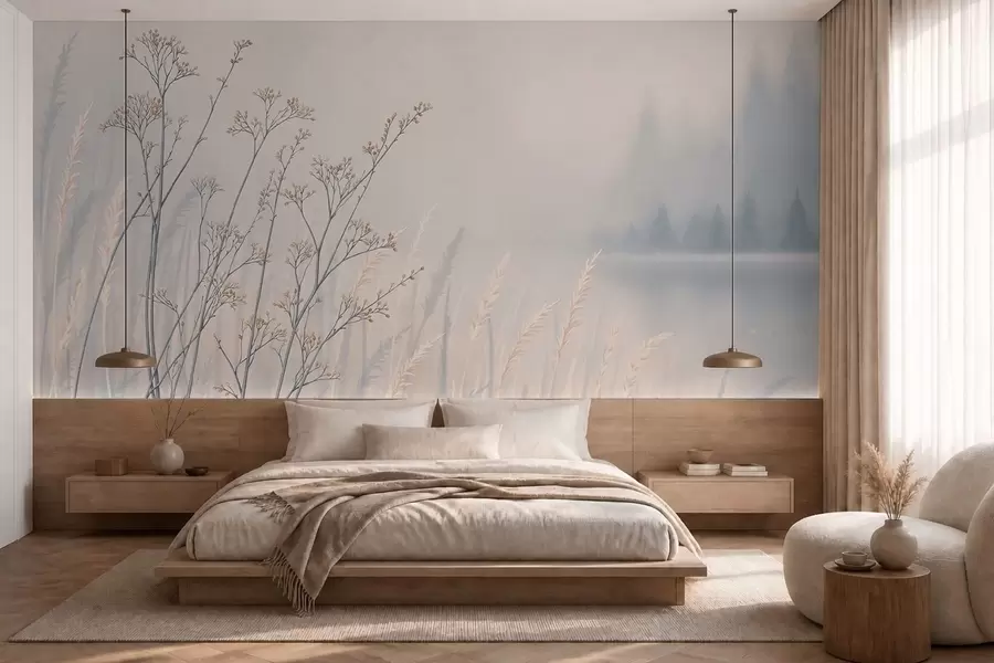 Fotobehang Weidegrassen aan het water in een mistig landschap w05534