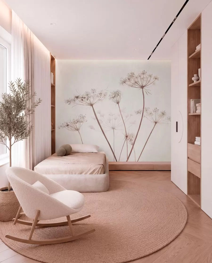 Fotobehang Gedroogde bloemschermen tegen een lichte, minimalistische achtergrond w05543