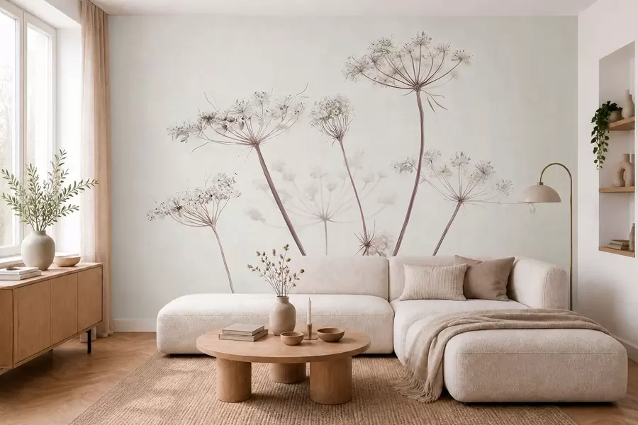 Fotobehang Gedroogde bloemschermen tegen een lichte, minimalistische achtergrond w05543