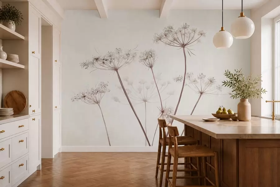 Fotobehang Gedroogde bloemschermen tegen een lichte, minimalistische achtergrond w05543