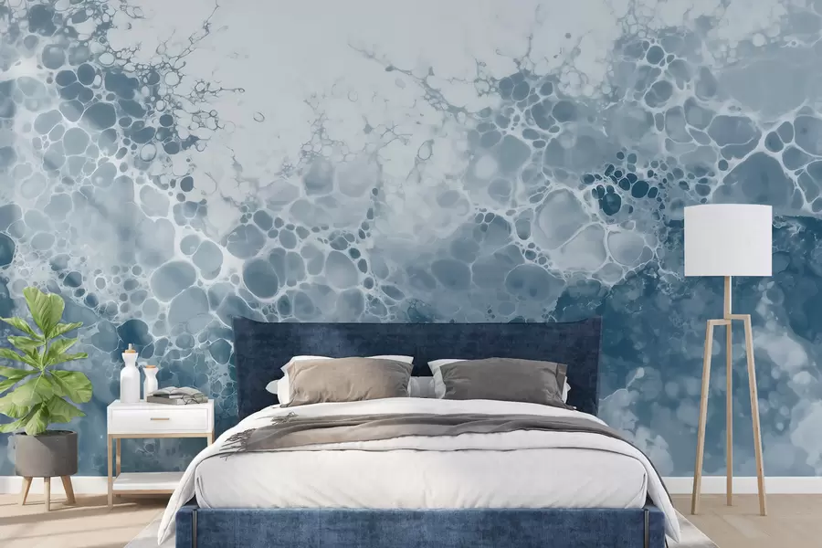 Fotobehang Luchtige blauwe abstractie met bubbels in aquarelstijl w09673