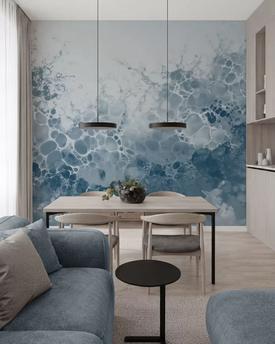 Fotobehang Luchtige blauwe abstractie met bubbels in aquarelstijl w09673