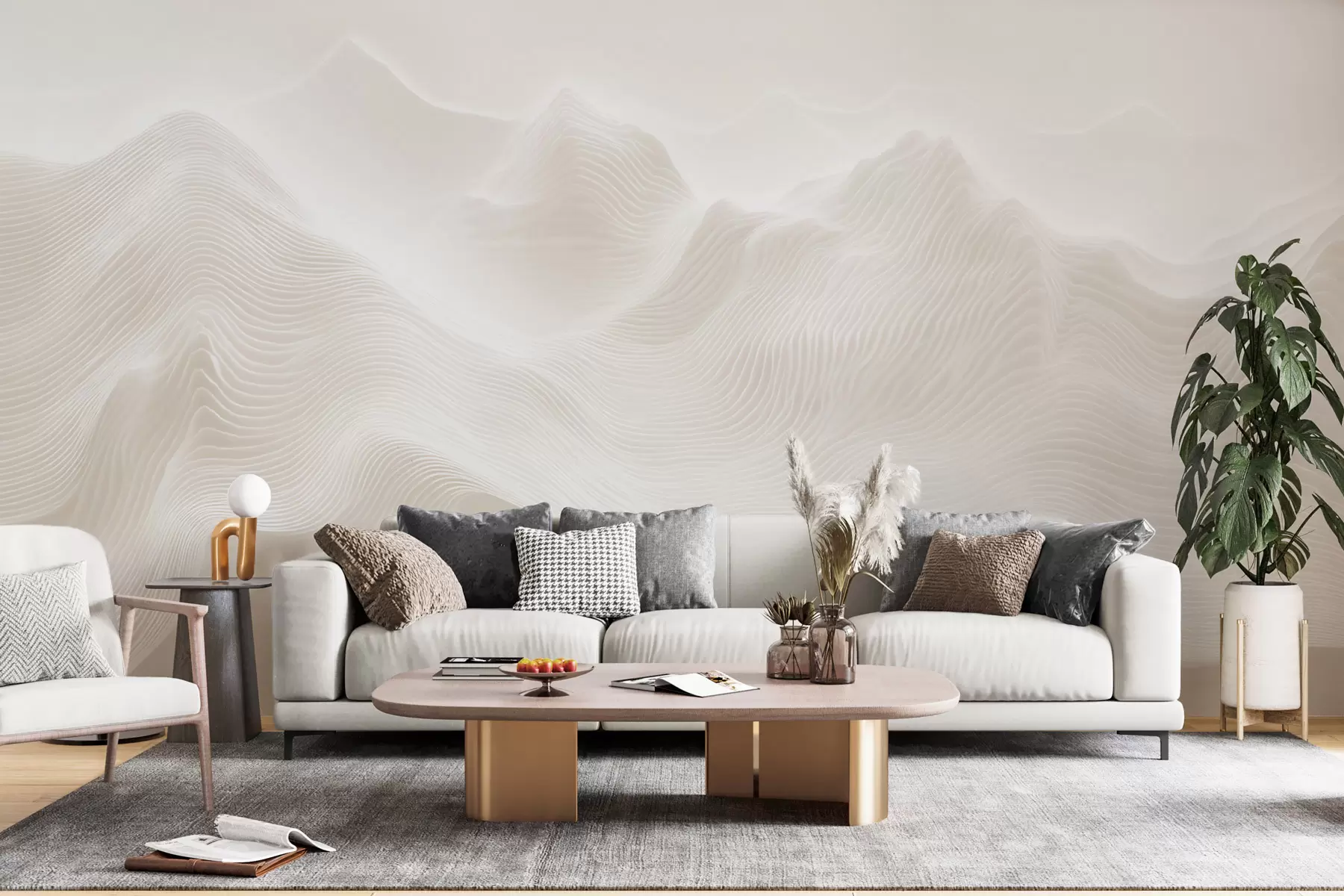 Fotobehang Abstracte, golvende bergen in een beige kleurenpalet in minimalistische stijl w09713