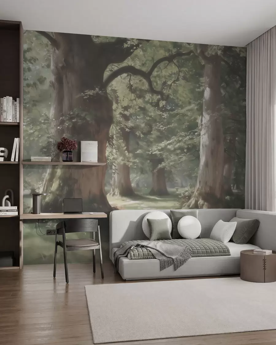 Fotobehang Een sprookjesachtig boslandschap in zachte groen-beige tinten, geschilderd in schilderachtige stijl w09845