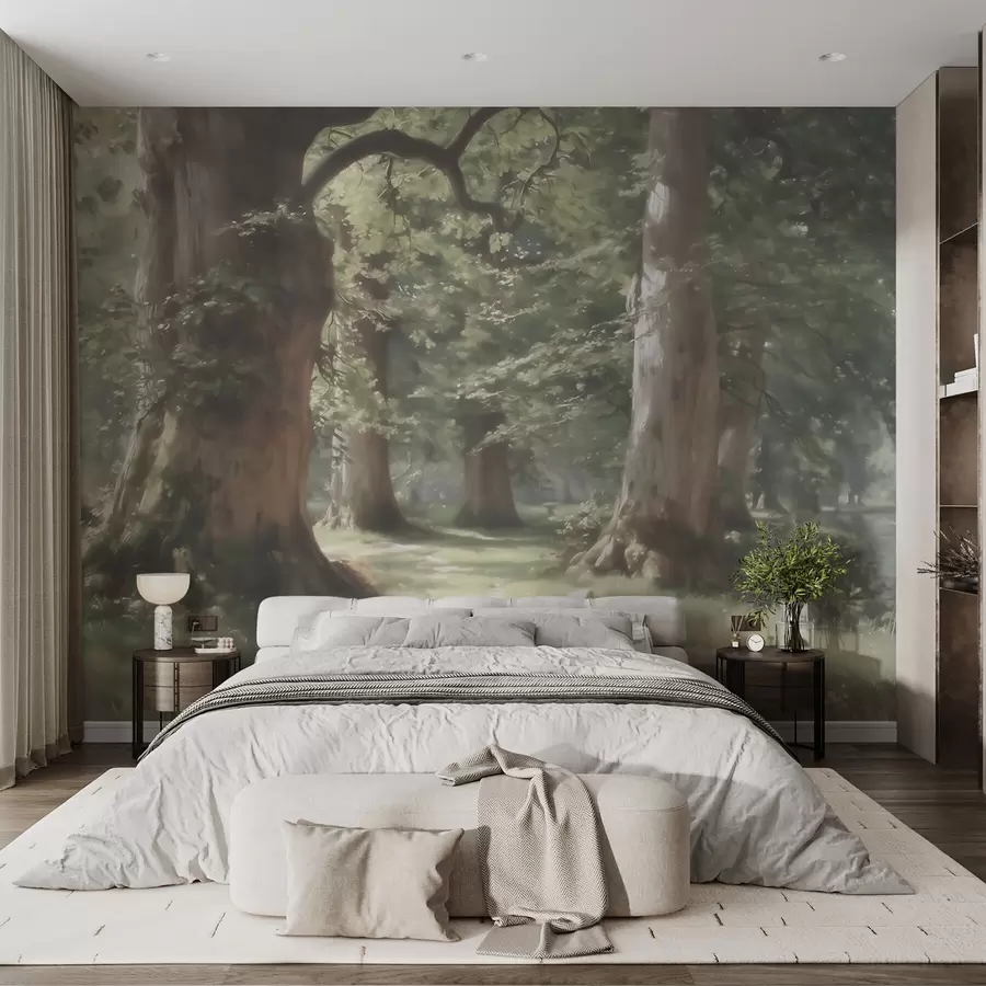 Fotobehang Een sprookjesachtig boslandschap in zachte groen-beige tinten, geschilderd in schilderachtige stijl w09845