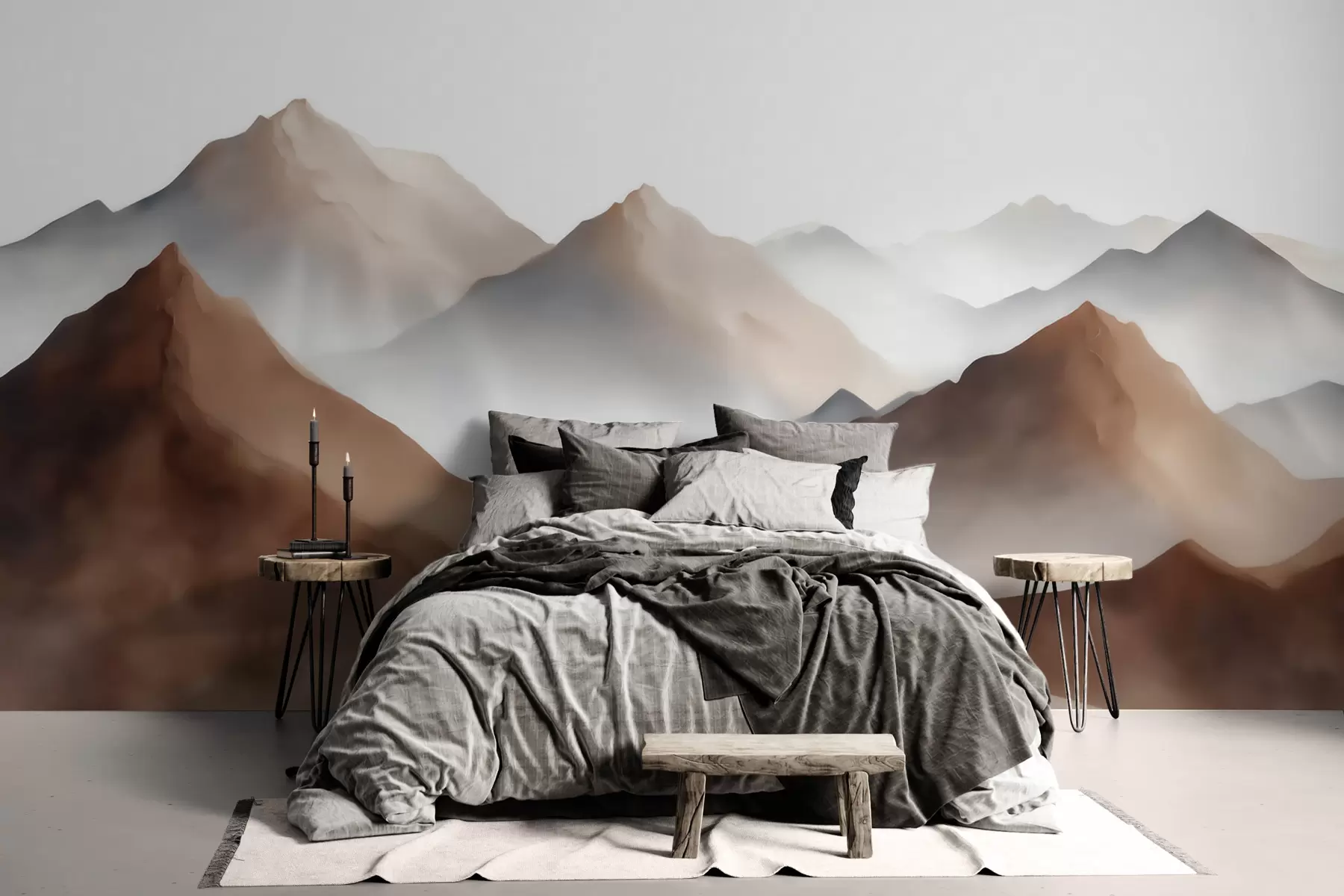 Fotobehang Mistige bergtoppen in een beige-bruin kleurenpalet in aquarelstijl w09857