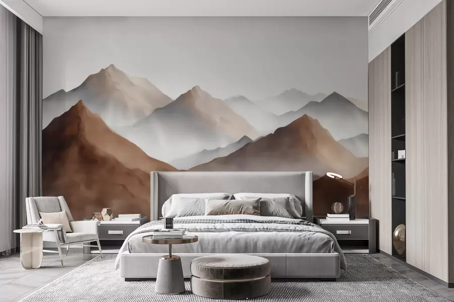 Fotobehang Mistige bergtoppen in een beige-bruin kleurenpalet in aquarelstijl w09857