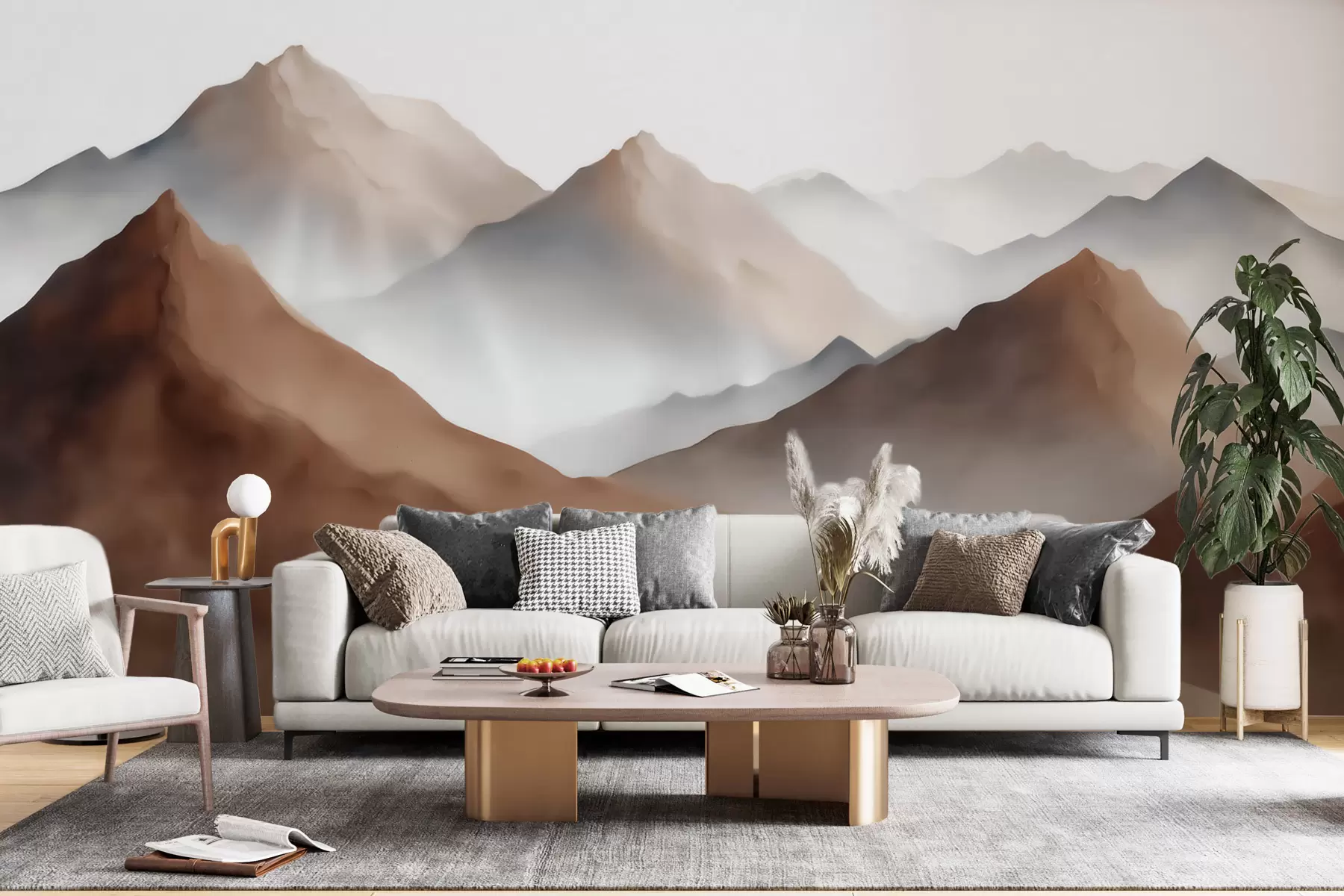 Fotobehang Mistige bergtoppen in een beige-bruin kleurenpalet in aquarelstijl w09857