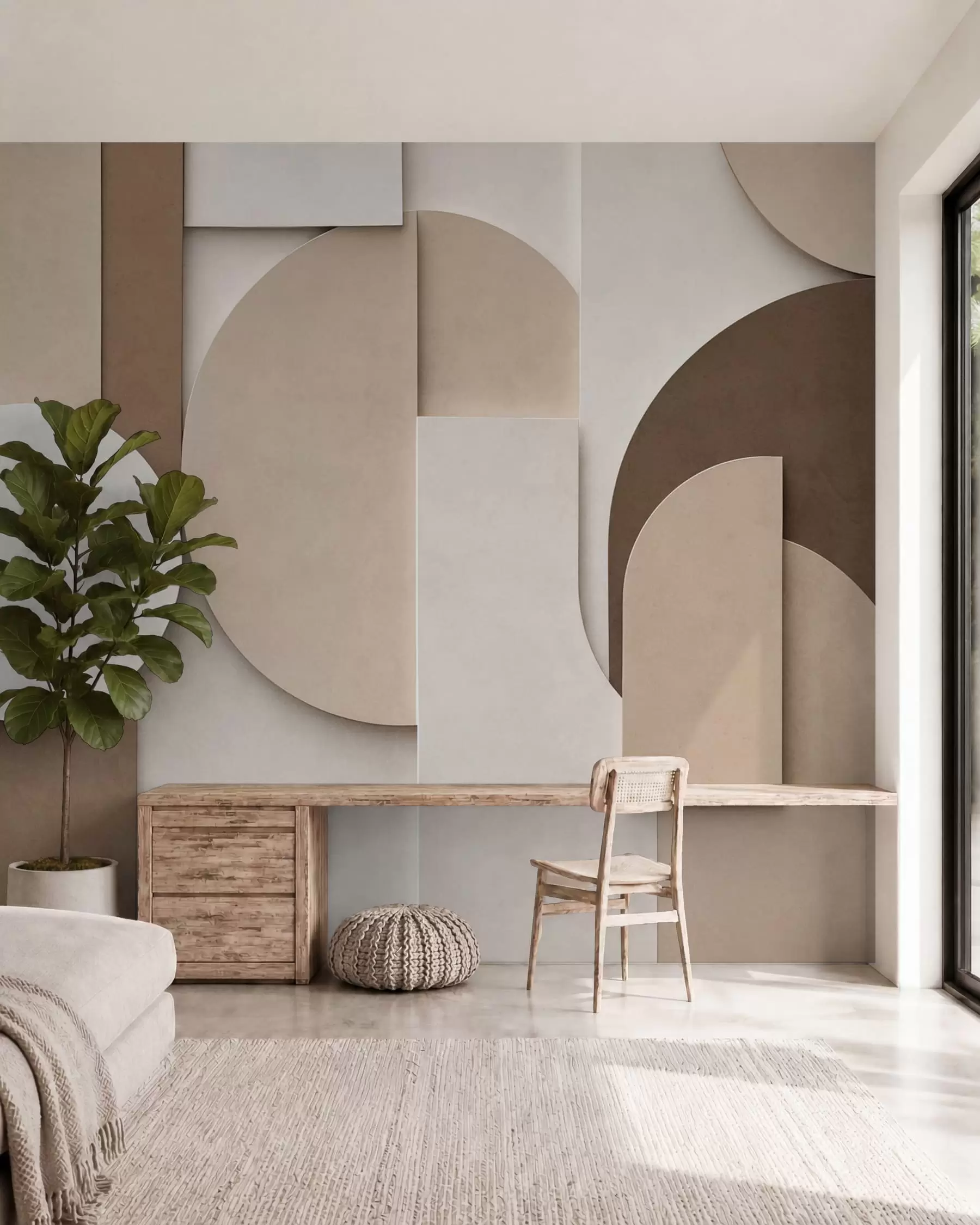 Fotobehang Beige geometrische vormen met textuur in een gelaagde 3D-compositie, minimalistische, moderne wanddecoratie w05598
