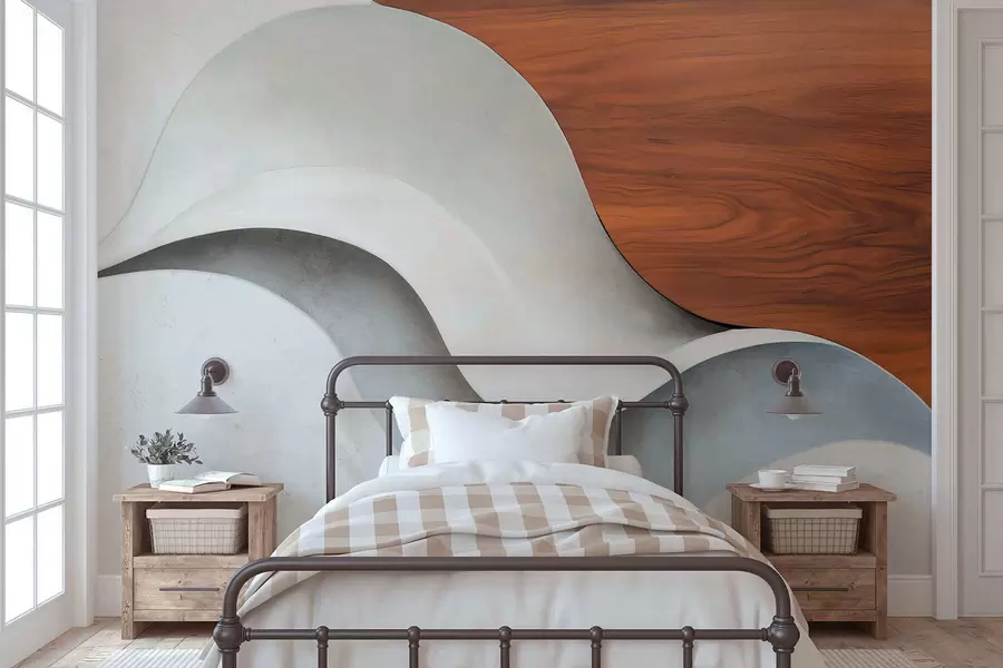 Fotobehang Vloeiende abstracte golven met warme houten accenten, minimalistisch eigentijds design w05599