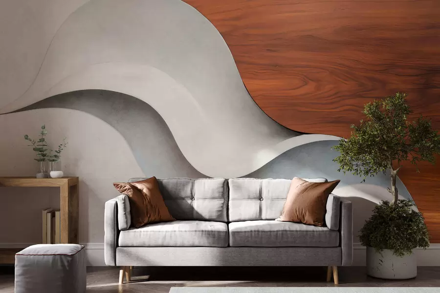 Fotobehang Vloeiende abstracte golven met warme houten accenten, minimalistisch eigentijds design w05599