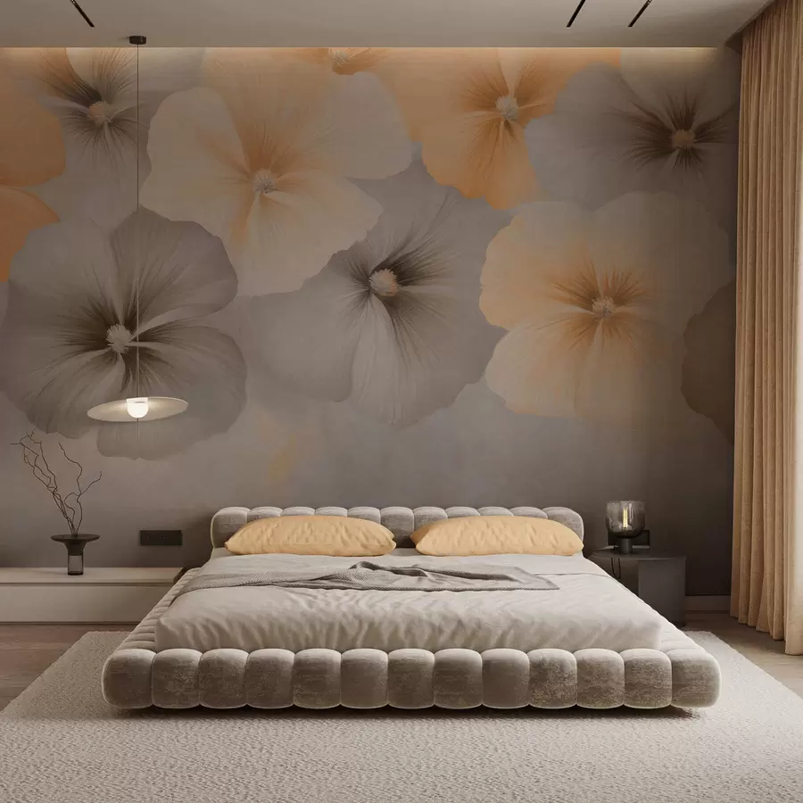 Fotobehang Zachte pastelkleurige bloemen in romige gele en grijze tinten op een delicate achtergrond w05600