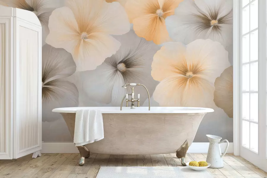 Fotobehang Zachte pastelkleurige bloemen in romige gele en grijze tinten op een delicate achtergrond w05600