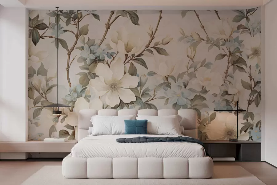 Fotobehang Verfijnde bloemen en zachtgroene bladeren in een schilderachtige vintage stijl met subtiele penseelstreken w05601