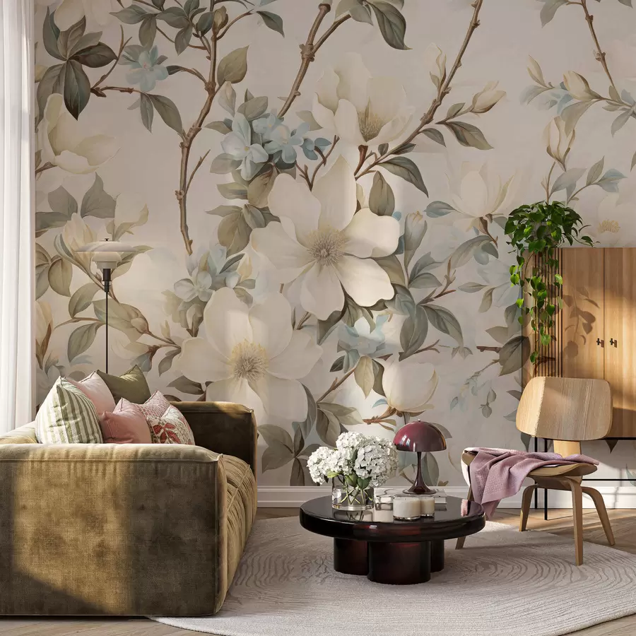 Fotobehang Verfijnde bloemen en zachtgroene bladeren in een schilderachtige vintage stijl met subtiele penseelstreken w05601