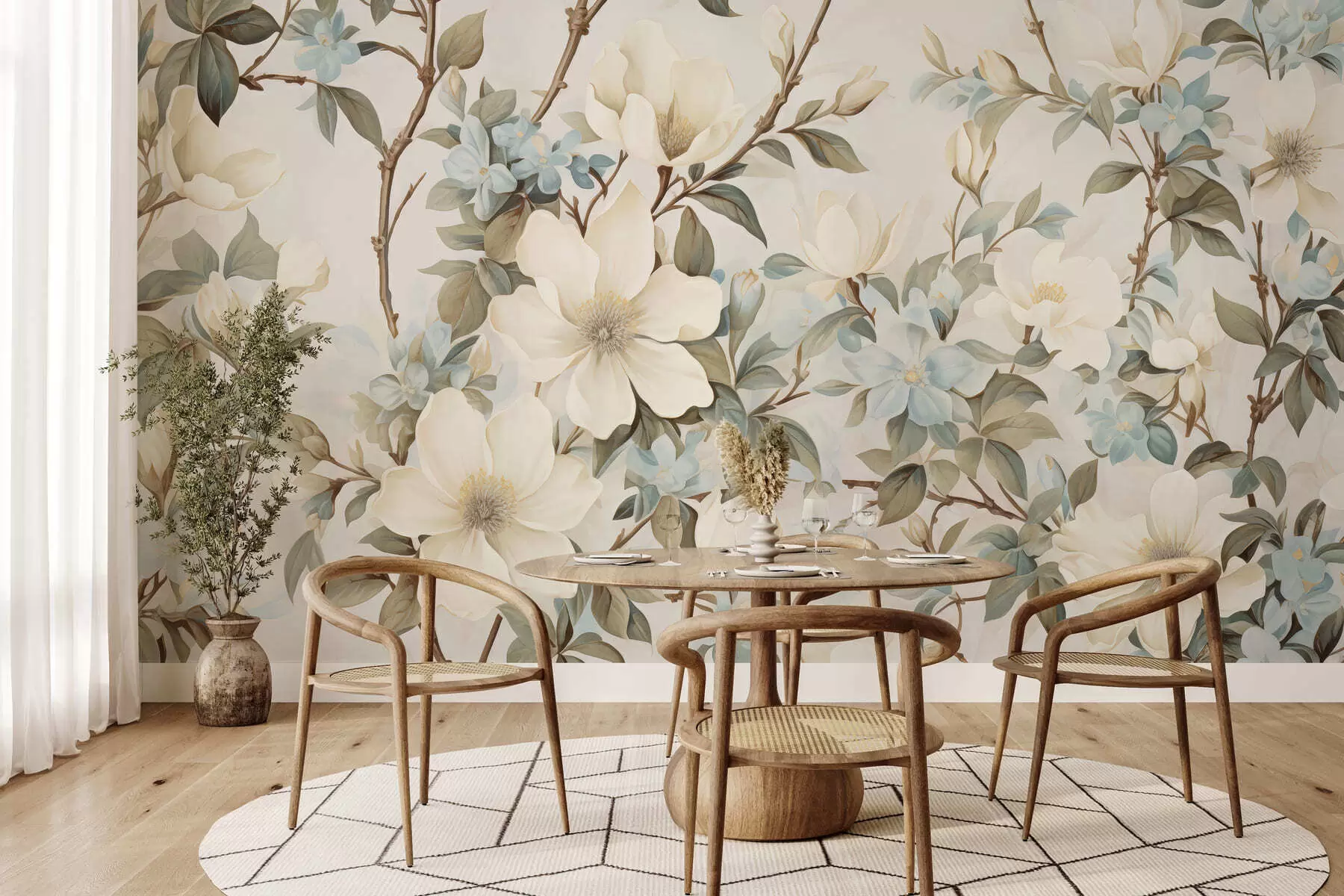 Fotobehang Verfijnde bloemen en zachtgroene bladeren in een schilderachtige vintage stijl met subtiele penseelstreken w05601