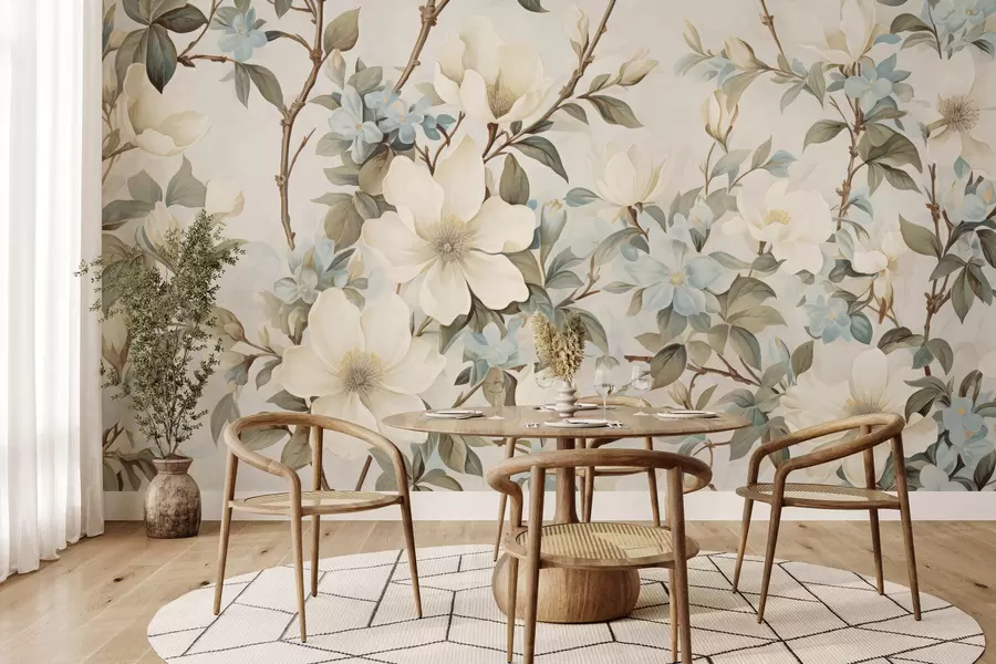 Fotobehang Verfijnde bloemen en zachtgroene bladeren in een schilderachtige vintage stijl met subtiele penseelstreken w05601