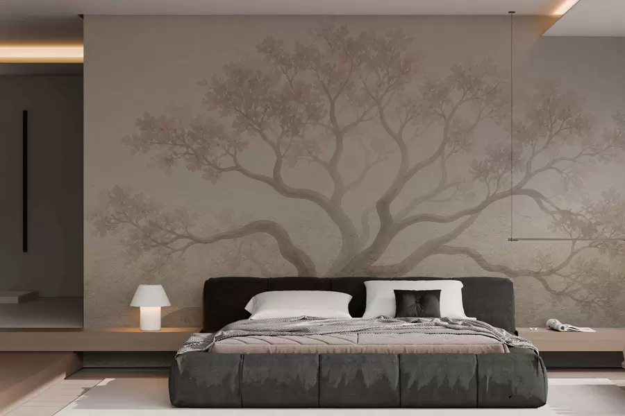 Fotobehang Minimalistisch landschap met mistige bomen in zachte beige tinten, dromerige sfeervolle kunst w05602