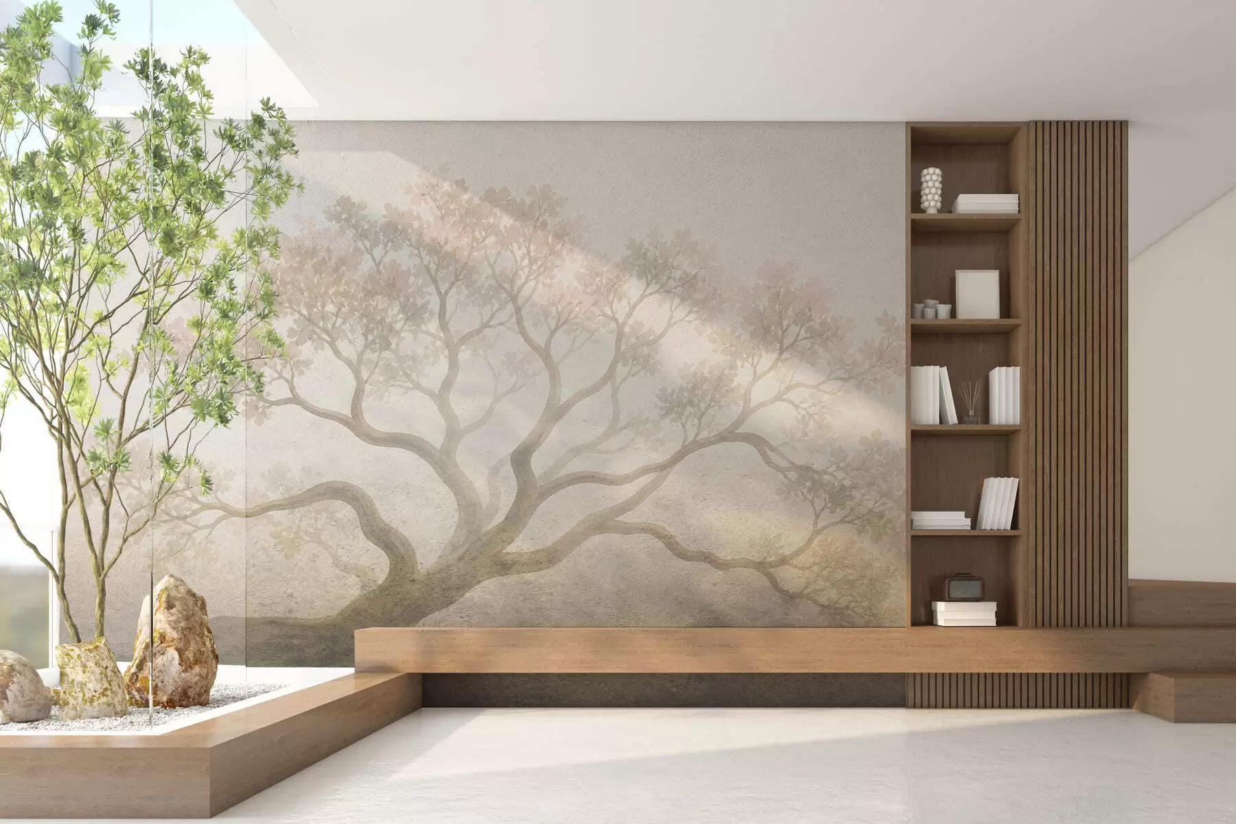 Fotobehang Minimalistisch landschap met mistige bomen in zachte beige tinten, dromerige sfeervolle kunst w05602