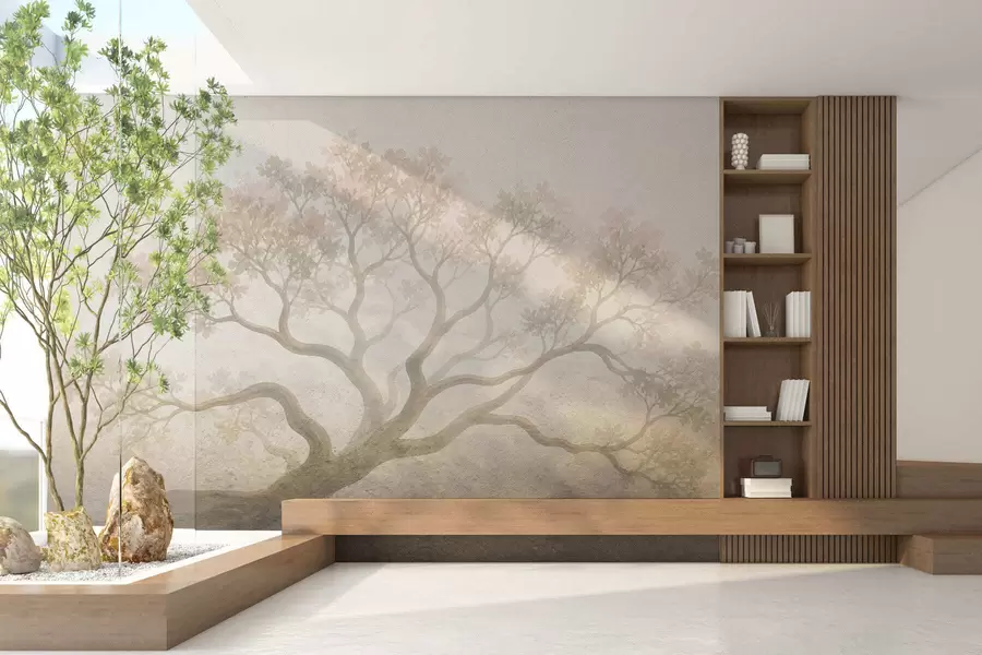 Fotobehang Minimalistisch landschap met mistige bomen in zachte beige tinten, dromerige sfeervolle kunst w05602