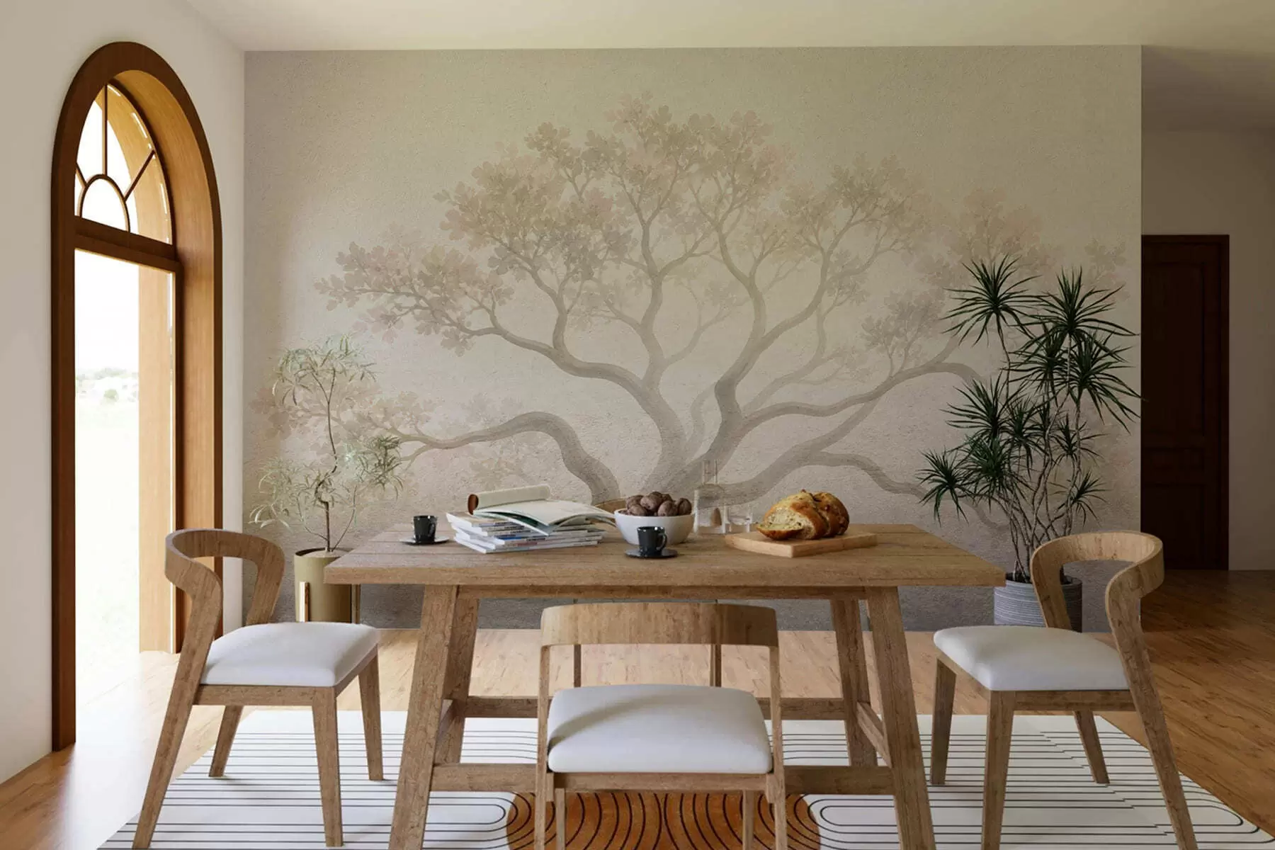 Fotobehang Minimalistisch landschap met mistige bomen in zachte beige tinten, dromerige sfeervolle kunst w05602