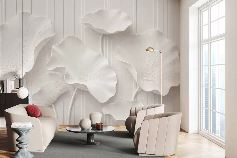 Fotobehang Wit, sculpturaal bloemenreliëf met gelaagde bloemblaadjes, elegante 3D-wanddecoratie w05604