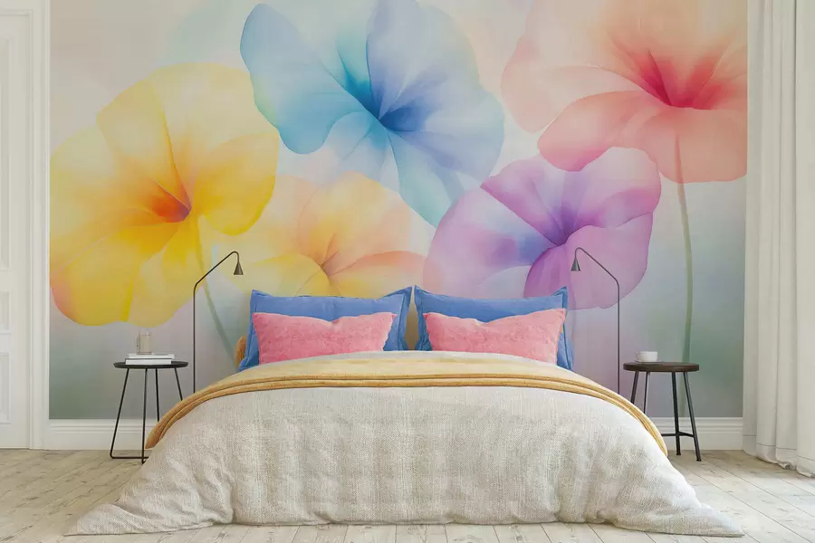 Fotobehang Kleurrijke, doorschijnende bloemen in zachte pasteltinten met een dromerig aquareleffect w05607