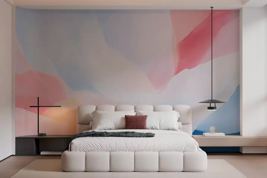 Fotobehang Abstracte pastelkleurige golven met zachte roze en blauwe kleurverlopen in aquarelstijl w05609
