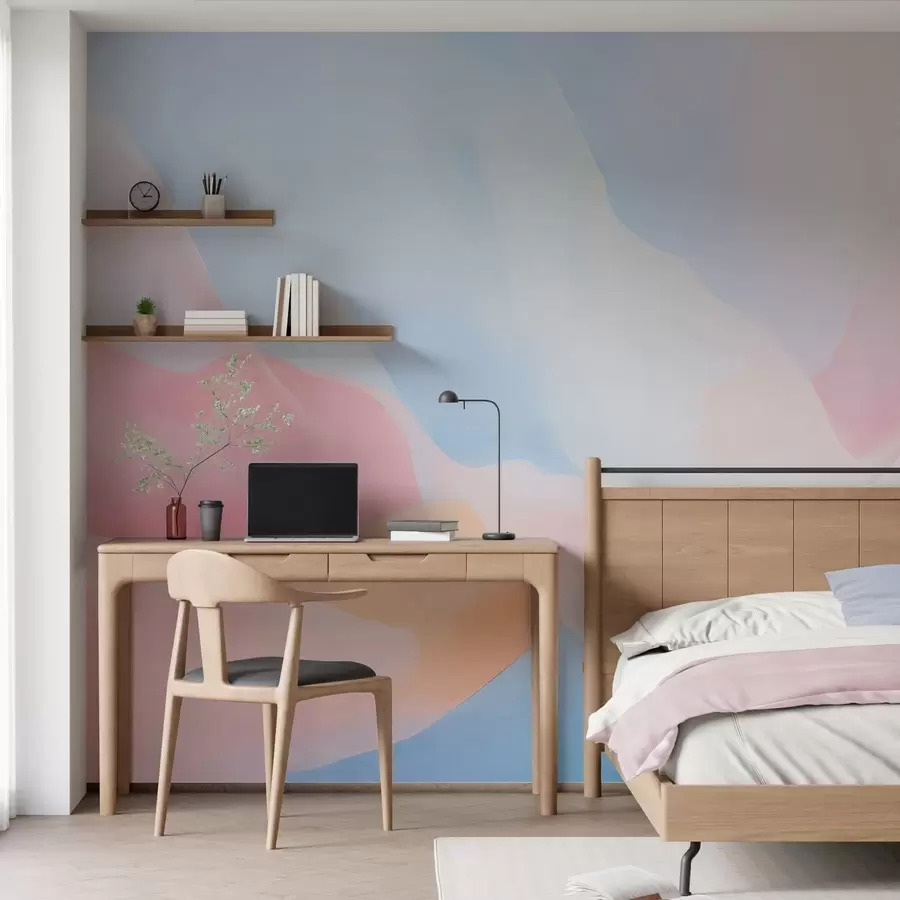 Fotobehang Abstracte pastelkleurige golven met zachte roze en blauwe kleurverlopen in aquarelstijl w05609