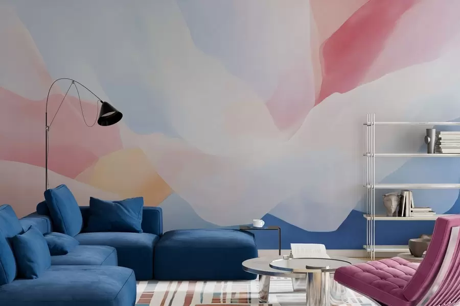 Fotobehang Abstracte pastelkleurige golven met zachte roze en blauwe kleurverlopen in aquarelstijl w05609