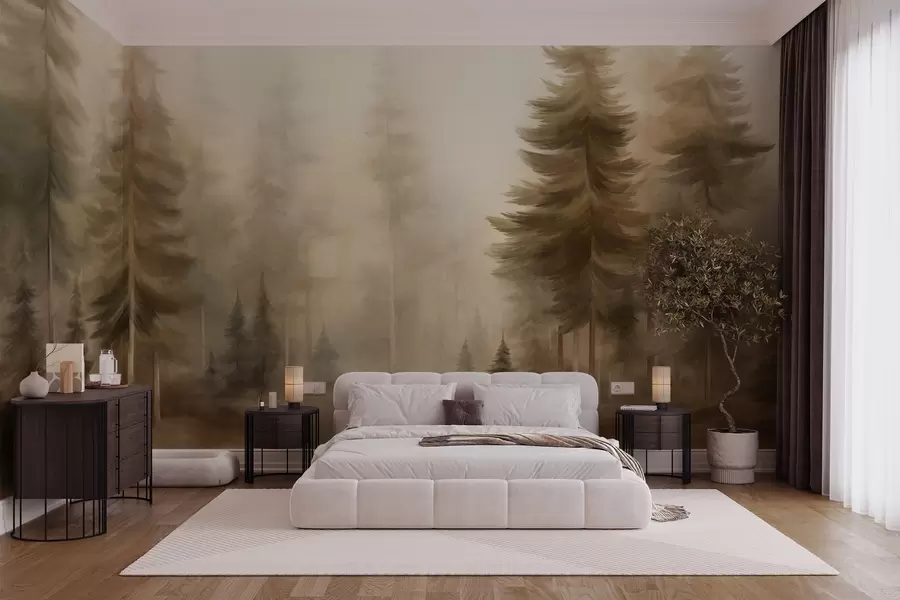 Fotobehang Een dicht bos met hoge dennenbomen in een lichte mist, landschapskunst met veel textuur w09830