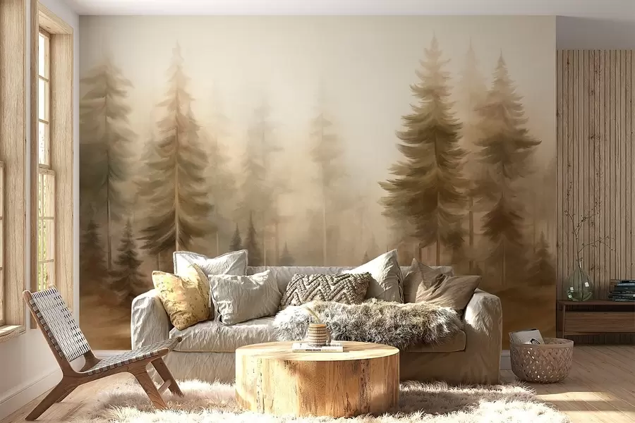 Fotobehang Een dicht bos met hoge dennenbomen in een lichte mist, landschapskunst met veel textuur w09830
