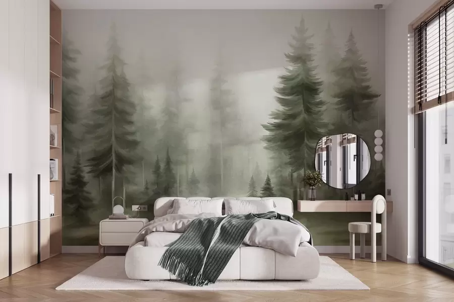 Fotobehang Een dicht bos met hoge dennenbomen in een lichte mist, landschapskunst met veel textuur w09830v1
