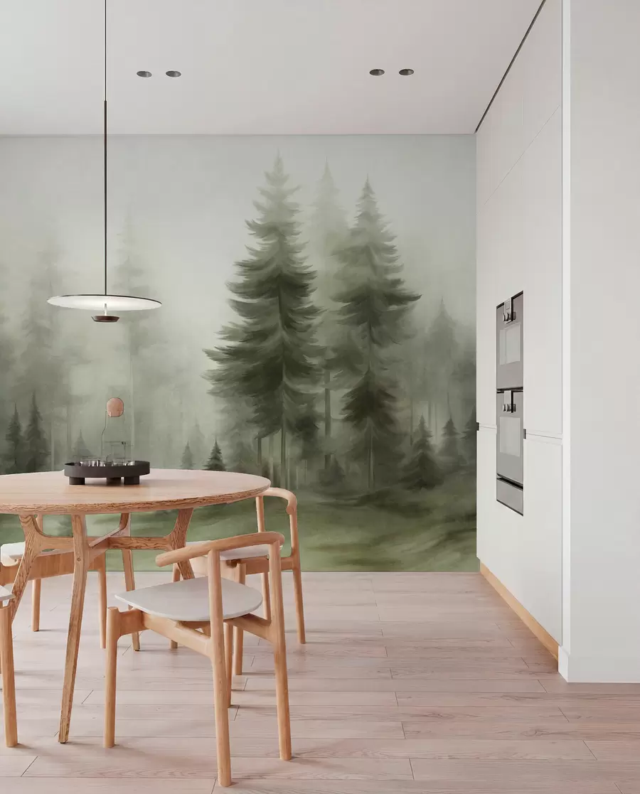 Fotobehang Een dicht bos met hoge dennenbomen in een lichte mist, landschapskunst met veel textuur w09830v1