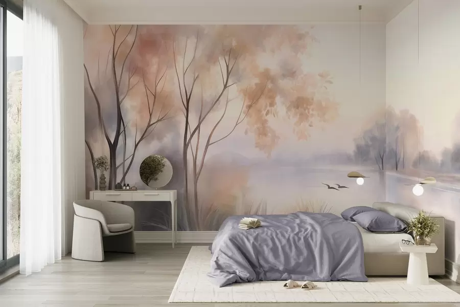 Fotobehang Landschap: een mistig meer met bomen en riet, rondvliegende vogels, in de stijl van een aquarel met textuur w09866