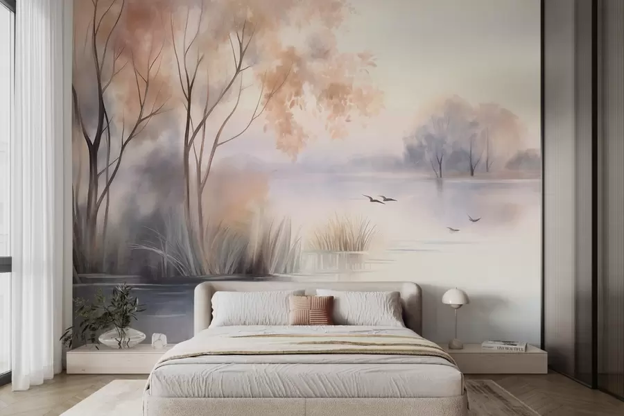 Fotobehang Landschap: een mistig meer met bomen en riet, rondvliegende vogels, in de stijl van een aquarel met textuur w09866