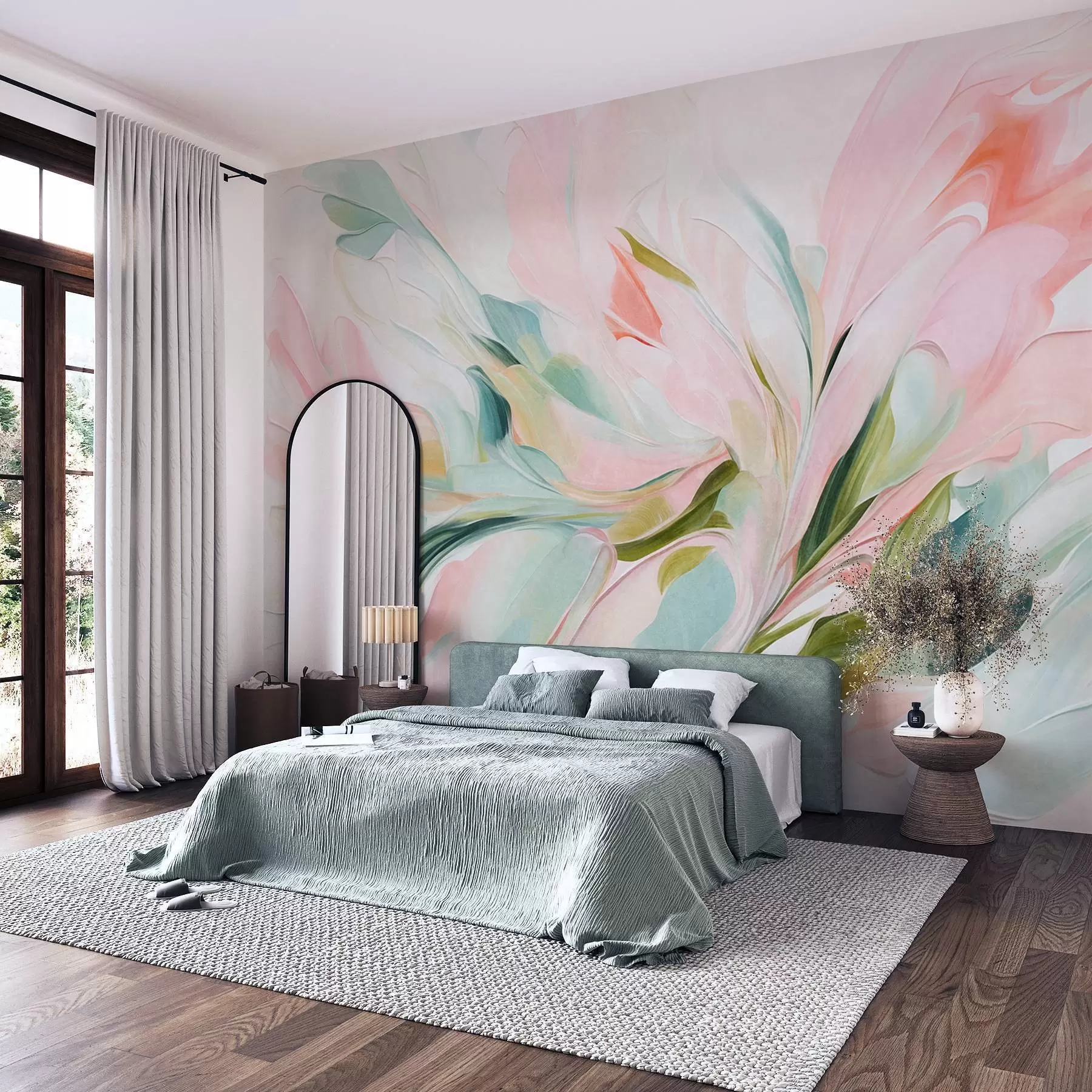 Fotobehang Een abstracte bloemenschilderijstijl met zachte, pastelkleurige penseelstreken op een lichte achtergrond w09871