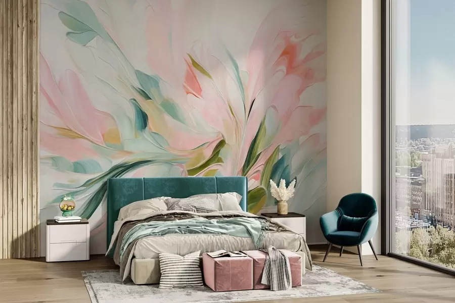 Fotobehang Een abstracte bloemenschilderijstijl met zachte, pastelkleurige penseelstreken op een lichte achtergrond w09871