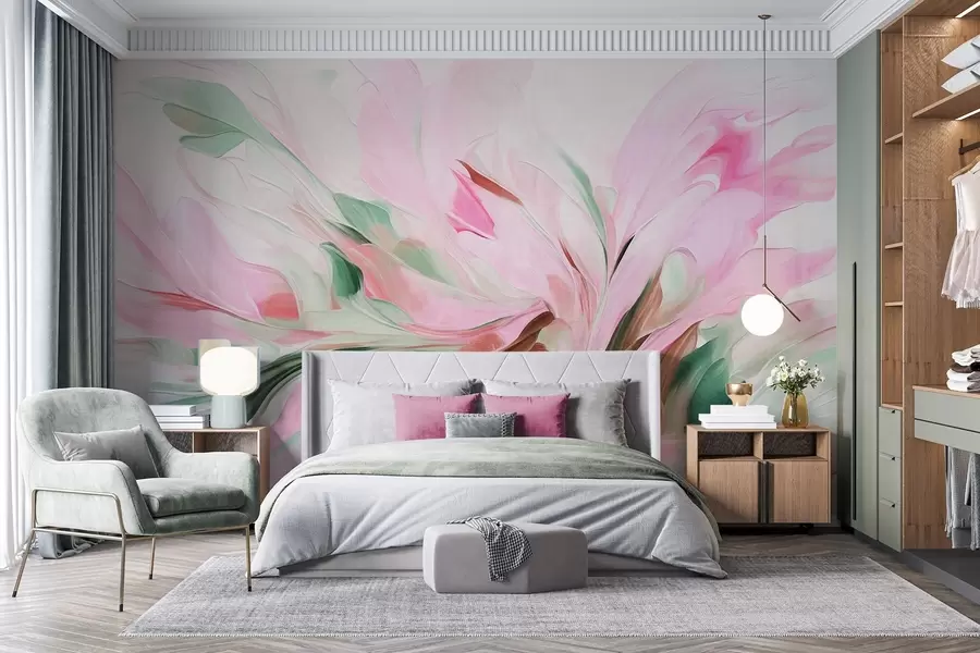 Fotobehang Een abstracte bloemenschilderijstijl met zachte, pastelkleurige penseelstreken op een lichte achtergrond w09871v1