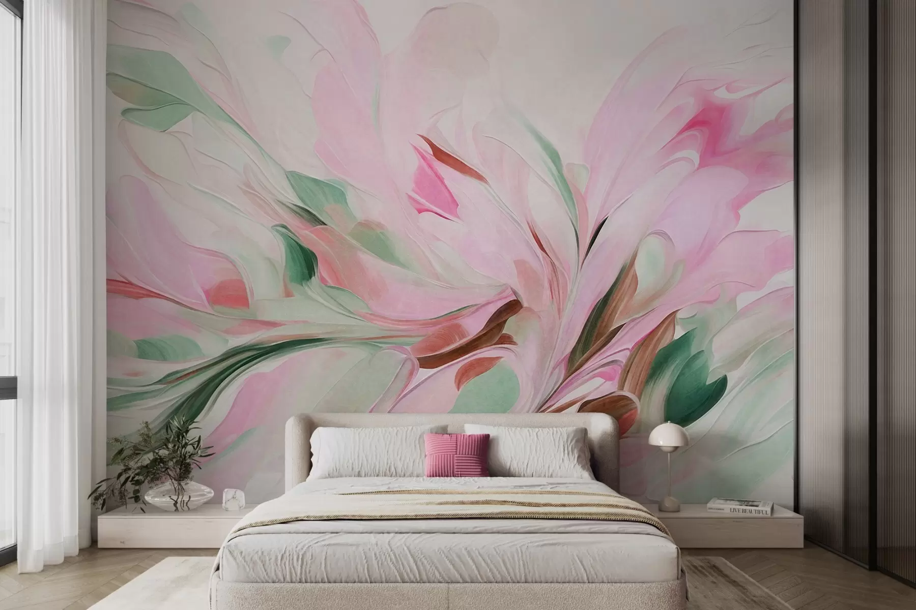 Fotobehang Een abstracte bloemenschilderijstijl met zachte, pastelkleurige penseelstreken op een lichte achtergrond w09871v1