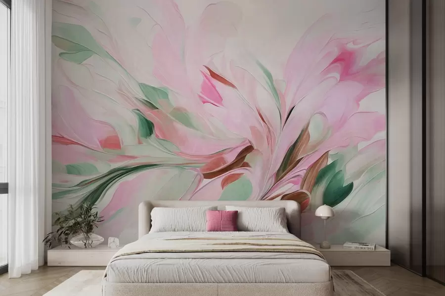 Fotobehang Een abstracte bloemenschilderijstijl met zachte, pastelkleurige penseelstreken op een lichte achtergrond w09871v1