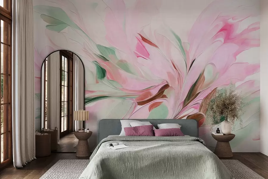 Fotobehang Een abstracte bloemenschilderijstijl met zachte, pastelkleurige penseelstreken op een lichte achtergrond w09871v1