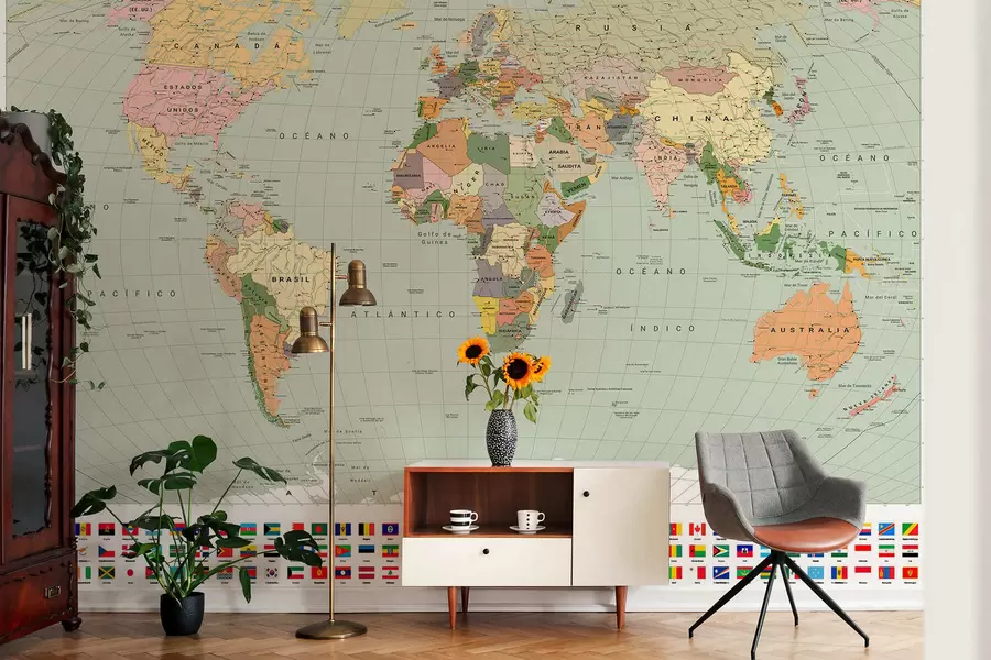 Fotobehang Een politieke kleurenkaart van de wereld met vlaggen in het Spaans c00004esv1