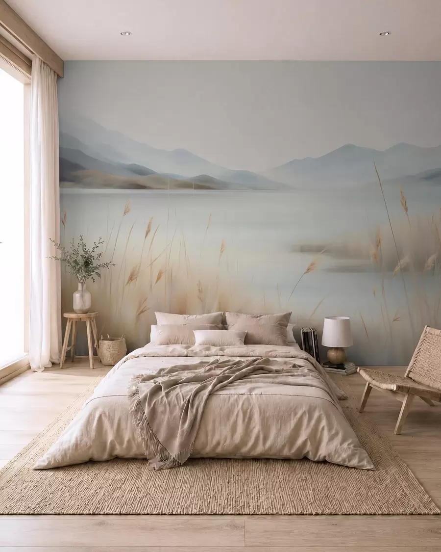 Fotobehang Abstrakt landschap met bergen en een meer w05584