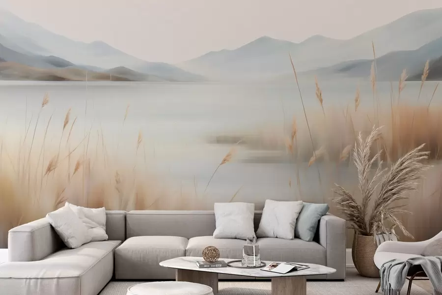 Fotobehang Abstrakt landschap met bergen en een meer w05584