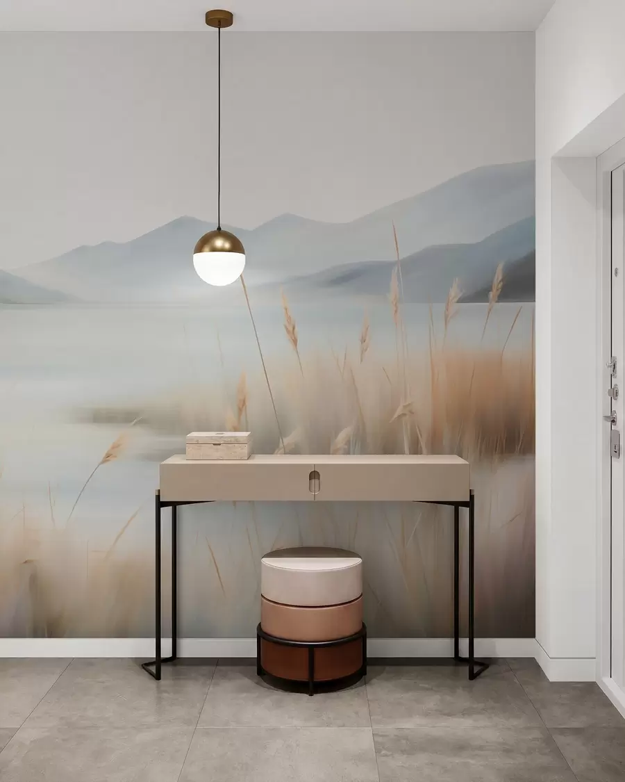 Fotobehang Abstrakt landschap met bergen en een meer w05584