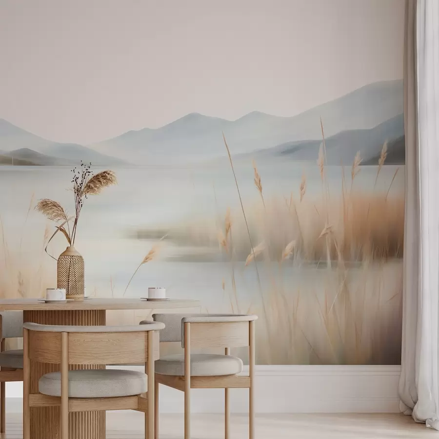 Fotobehang Abstrakt landschap met bergen en een meer w05584