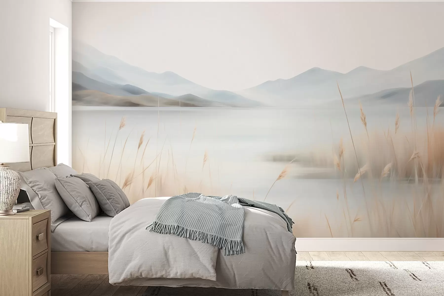 Fotobehang Abstrakt landschap met bergen en een meer w05584